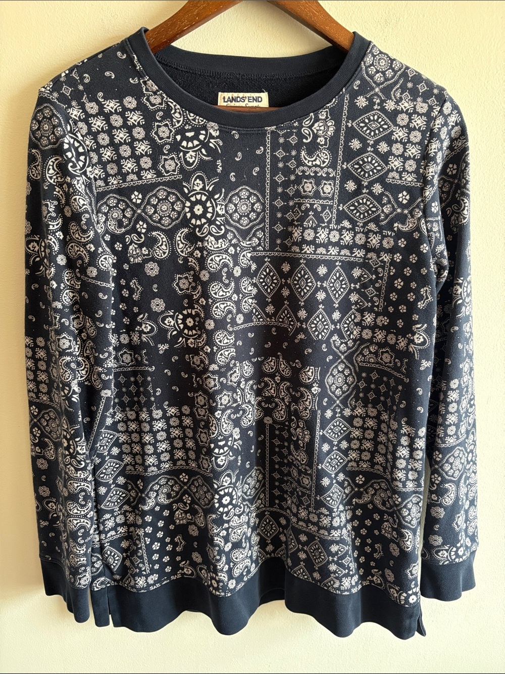 Lands' End Navy and White Crewneck Sweater with Bandana Print